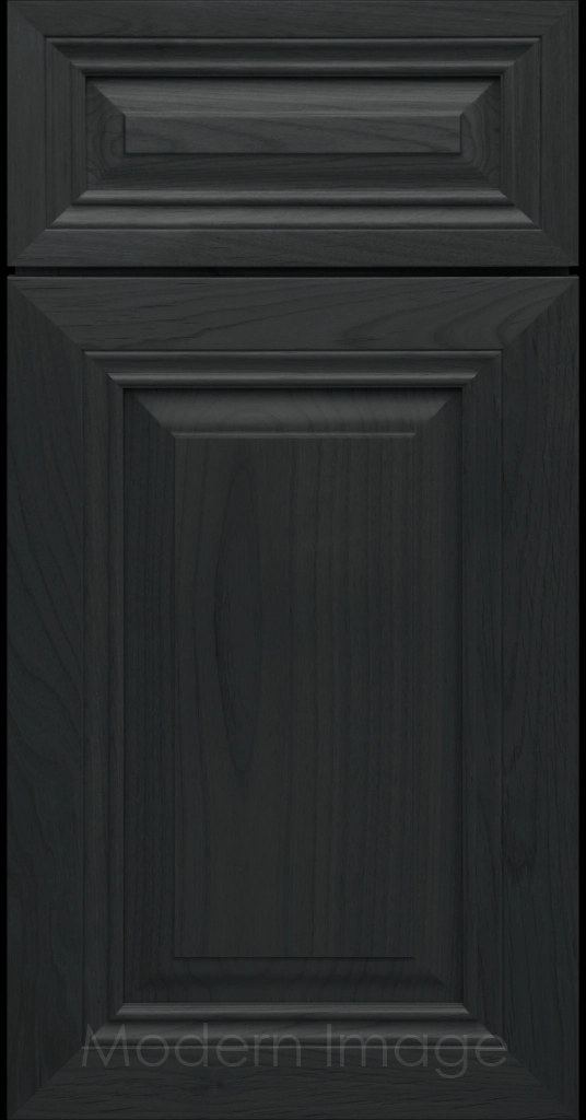 Close-up of a Night sky-stained wood cabinet door with a mitered frame and traditional Cambridge raised center panel.